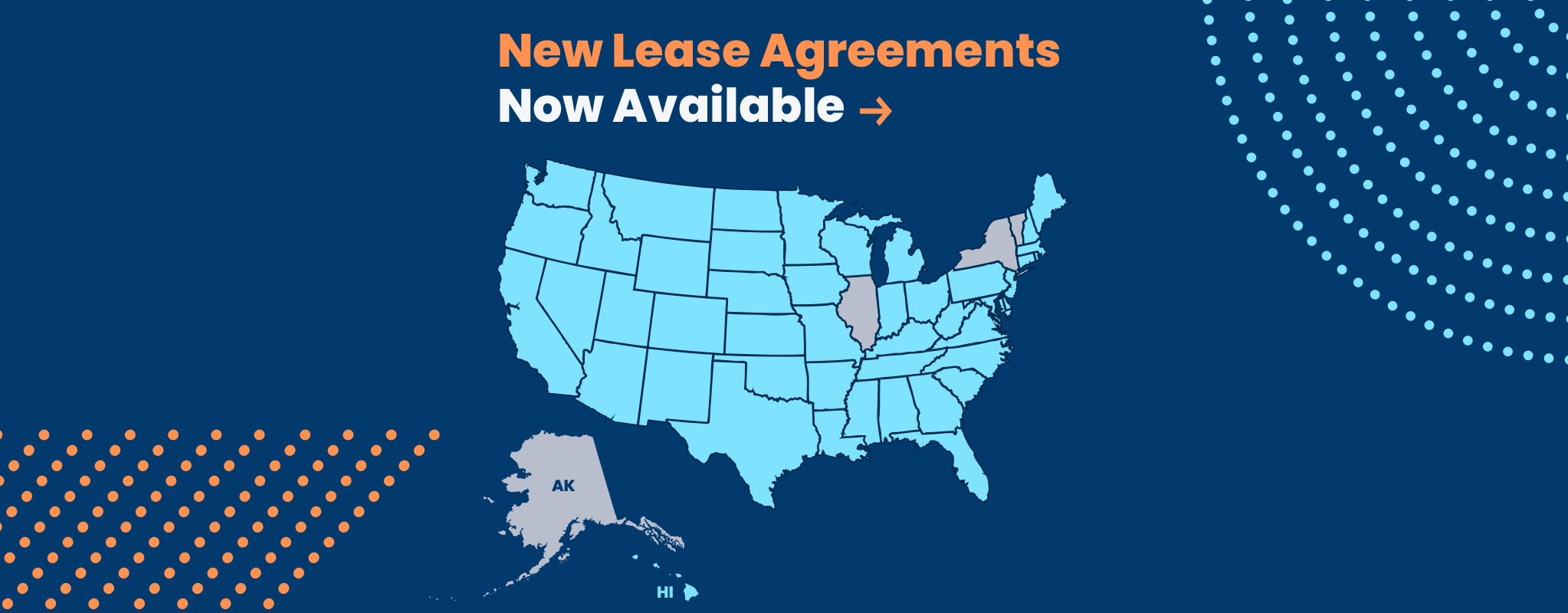 A map of the United States wherein all states but AK, NY, IL, and VT are filled in, indicating there are lease agreements available for the shaded states.