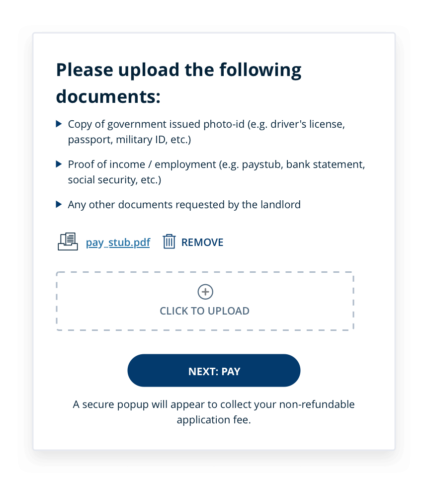 screenshot of uploading rental application documents