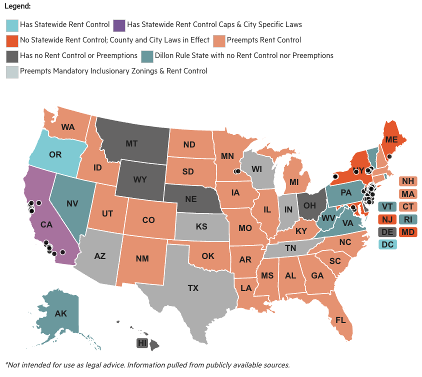 Map of the United States from the National Mutlifamily Housing Council showing which states have rent control.