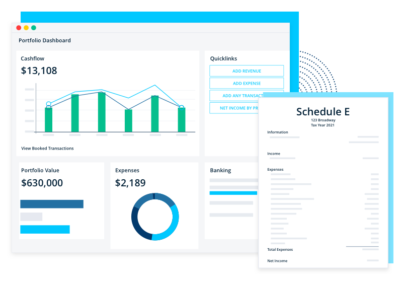 Image displays the dashboard and example Schedule E Report of REI Hub's rental accounting tool