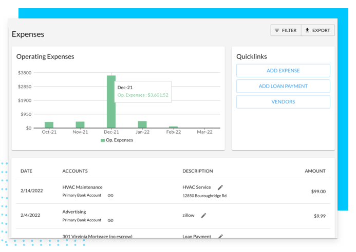 Image shows expenses feature of integrated accounting tool from REI Hub