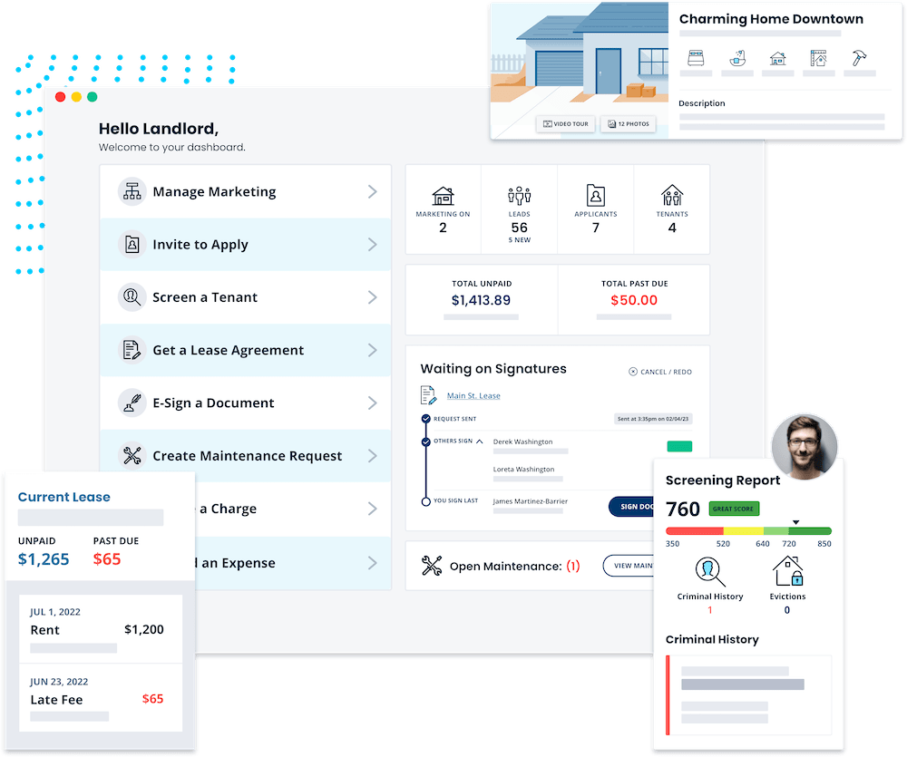 User Interface of turbotenant dashboard, leases, screening, and marketing