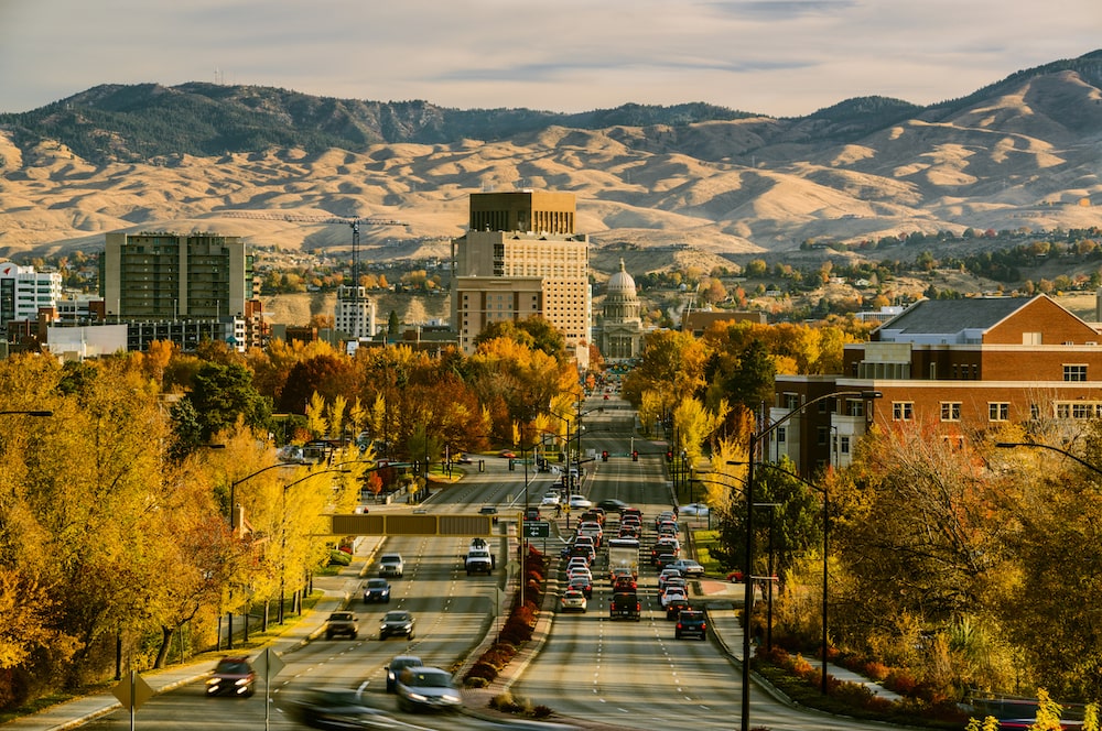 View of Boise downtown and Idaho Capitol on a fine autumn morning as seen from Capitol Blvd, Boise, Idaho, USA