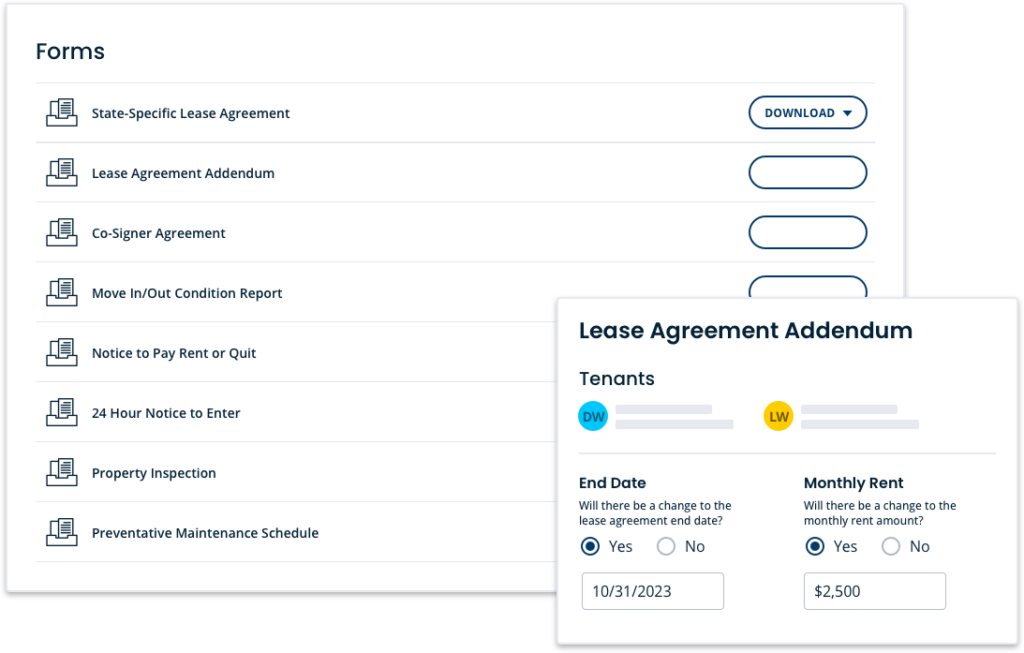 TurboTenant form options (state-specific lease agreement, lease agreement addendum, co-signer agreement, move in/out condition report, noticeto pay rent or quit, 24 hour notice to enter, property inspection, preventative maintenance schedule.)