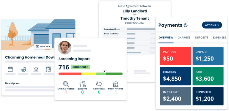 4 part preview of turbotenant features. Property listings, tenant screening, lease agreement, and payments.