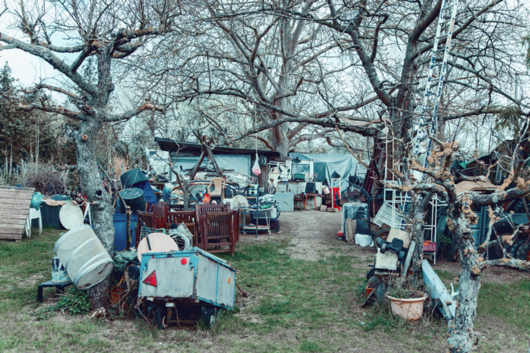 Messy, Compulsive hoarding disorder concept - stuff in the garden