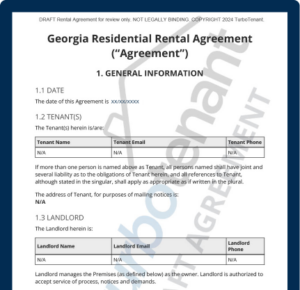 Watermarked sample of a TurboTenant Georgia lease agreement for use in standard, month-to-month, and room rental agreements.