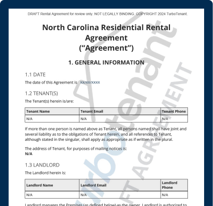 Watermarked sample of a TurboTenant North Carolina residential lease agreement for standard and month-to-month arrangements