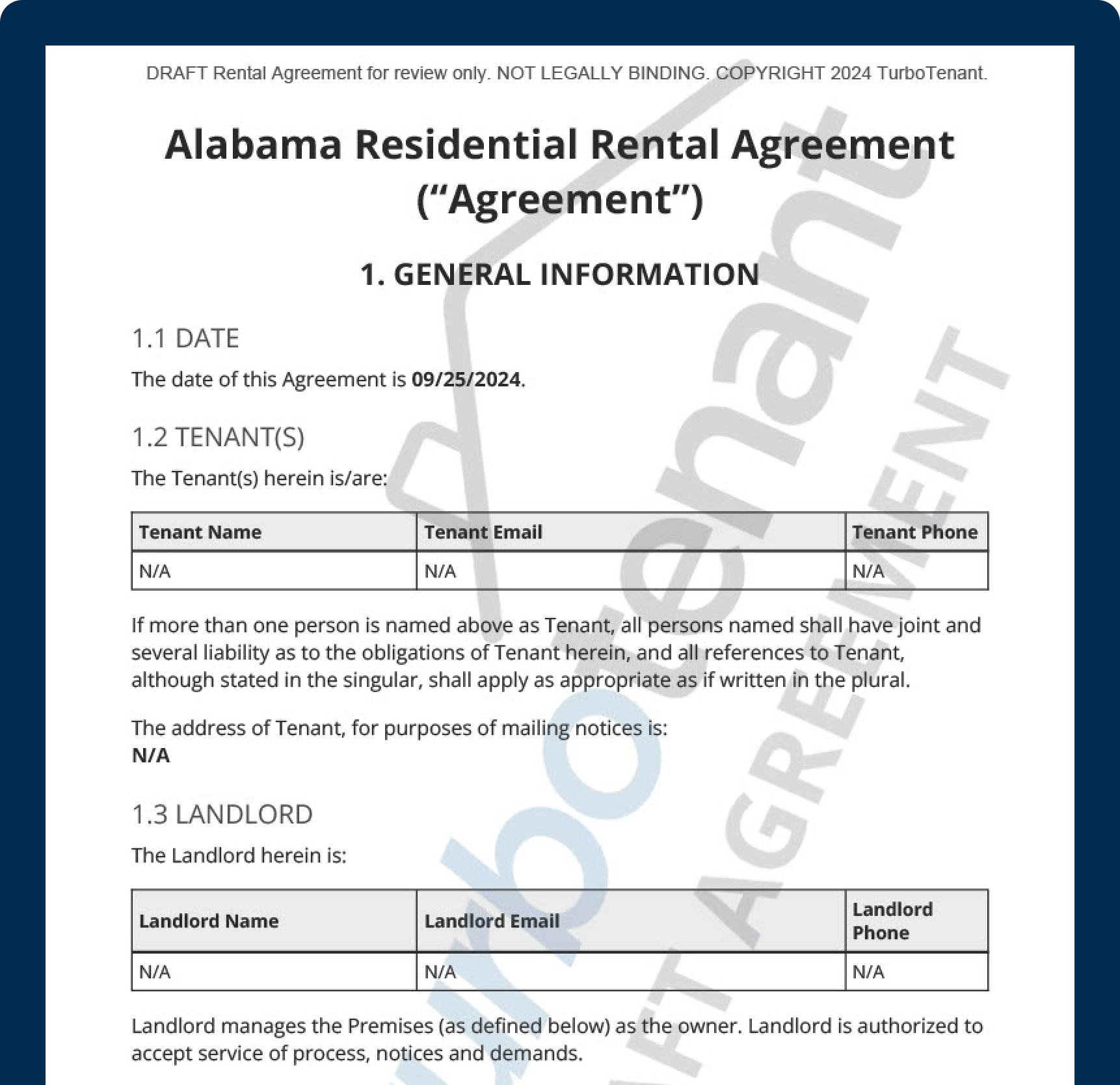 Watermarked sample of a TurboTenant Alabama residential lease agreement