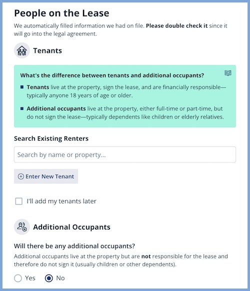 Form to add tenants and additional occupants to a digital residential rental agreement