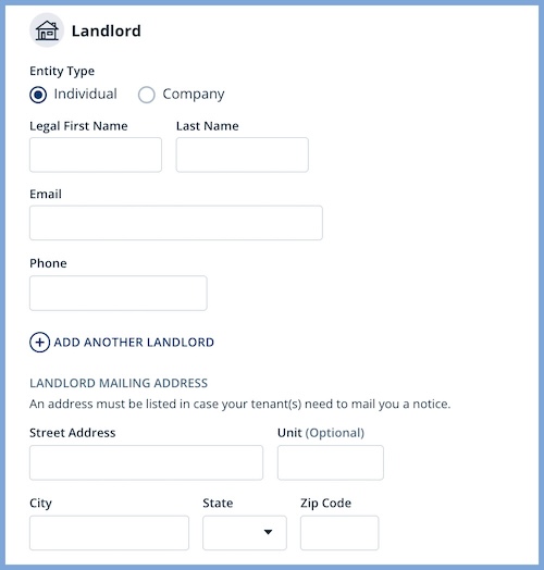 Form to add a landlord and their contact info (First name, email, phone number, and address) to an online lease