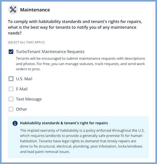 Form to select which type of maintenance TurboTenant users want to add to their landlord portal