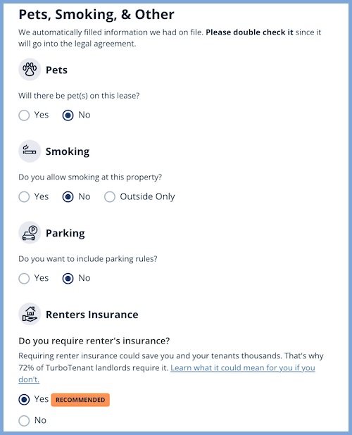 Form to select pet, smoking, parking, and insurance policies