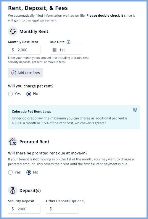 Form on property management software to select rent, deposit, fees, and more