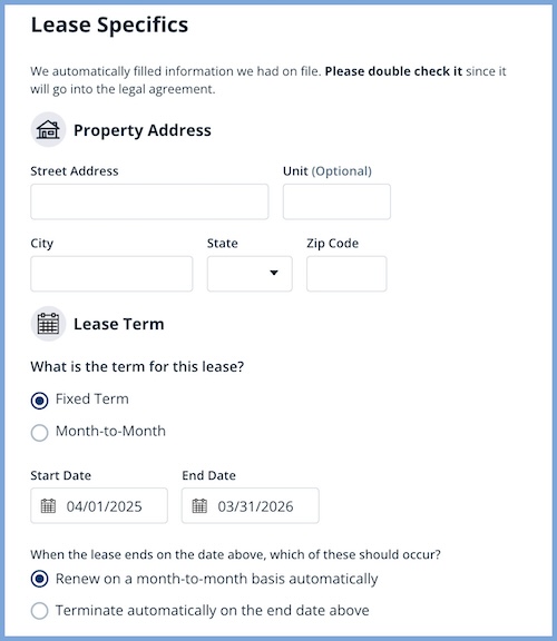 Form to select lease specifics like address, lease term, type, and more