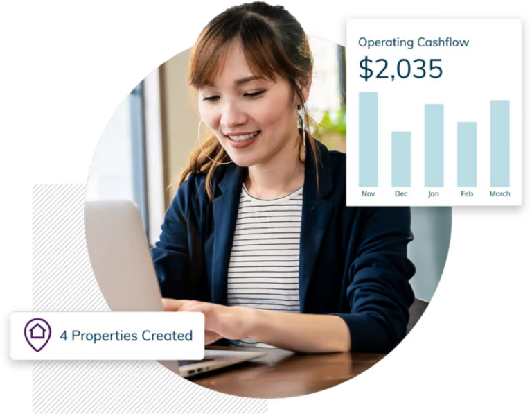 Woman on computer with Operating Cashflow bar graph and "4 Properties Created" text