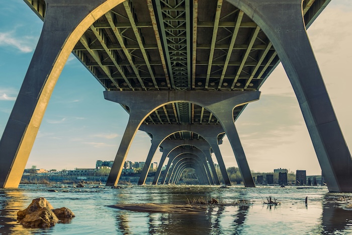 Underside of a bridge in Richmond, Virginia at sunset