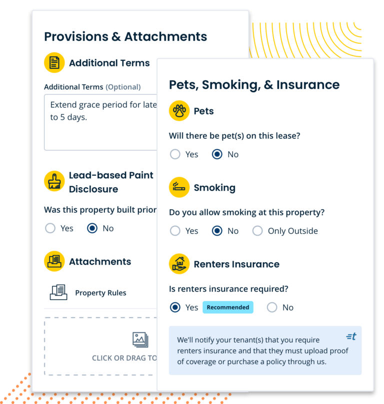 Customizable forms for creating a state-specific rental contract with questions about provisions, pets, smoking, and insurance