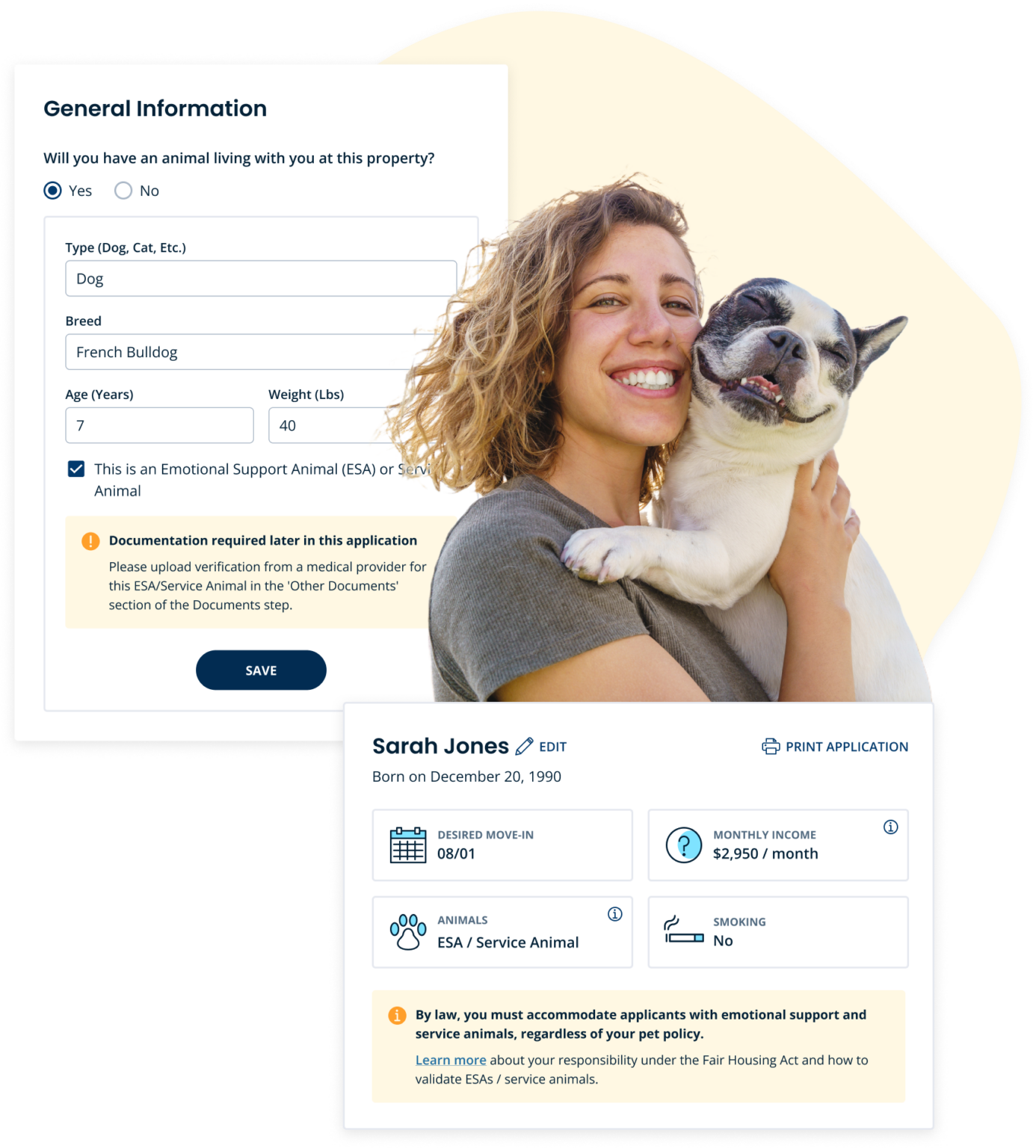Woman and a dog with a pet, ESA, and service animal questionnaire