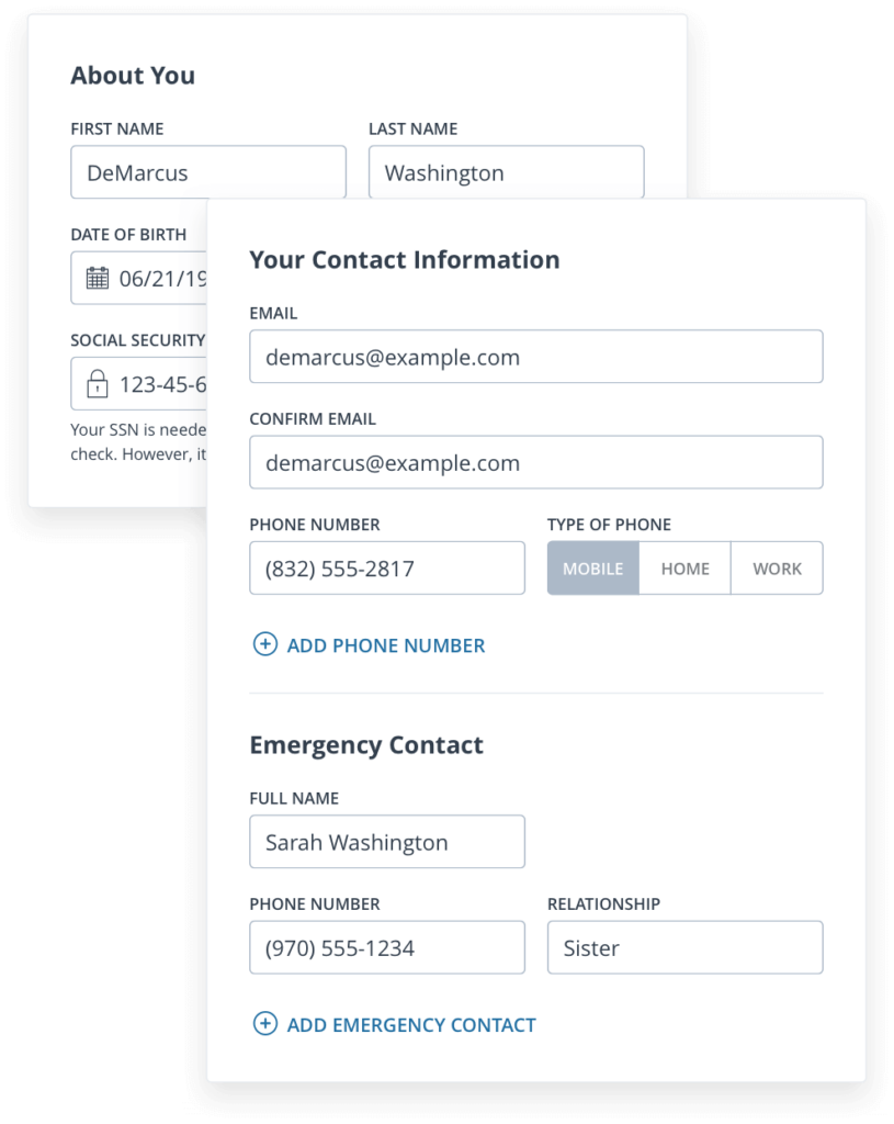Form for collecting applicant information, including name, date of birth, SSN, phone number, and more