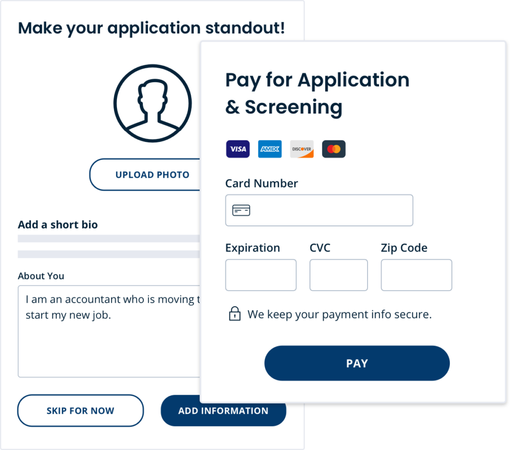Payment screen for tenant-paid apply process