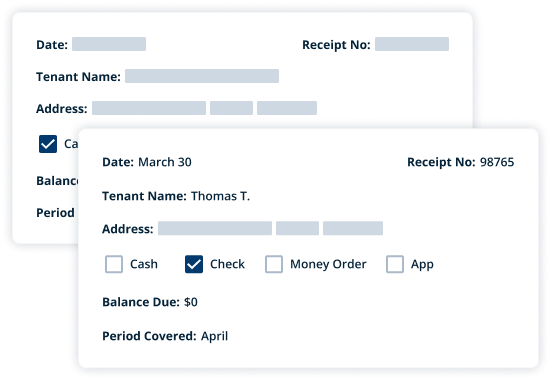 digital rent receipt mockup showing tenant name, date, payment method, balance due, and period covered